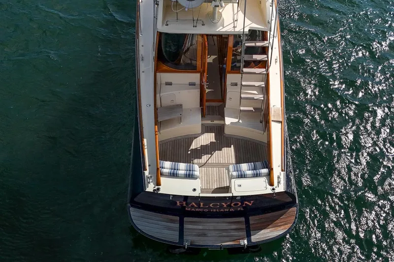 Halcyon Yacht Photos Pics Aerial view of 2006 Hinckley Talaria 44 FB yacht on water.