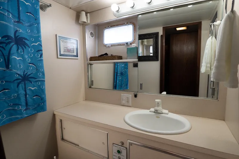 Masterplan Yacht Photos Pics Bathroom interior of 1975 Hatteras 58 YF yacht with blue palm tree shower curtain.