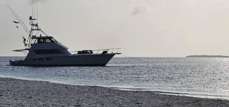 Yacht Photos Pics Hatteras 65 Convertible yacht anchored near a sandy beach at sunset, 1999 model.