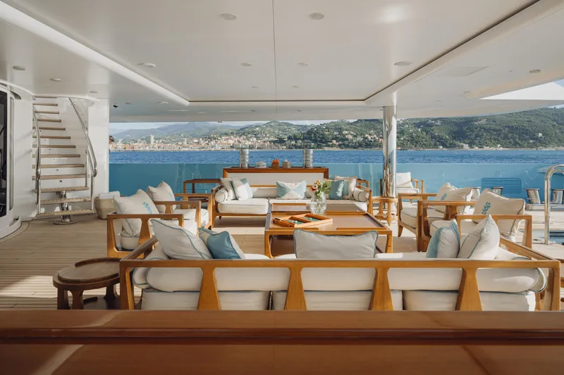Axioma Yacht Photos Pics Luxurious 2013 Dunya Yacht deck with elegant seating and scenic ocean view.