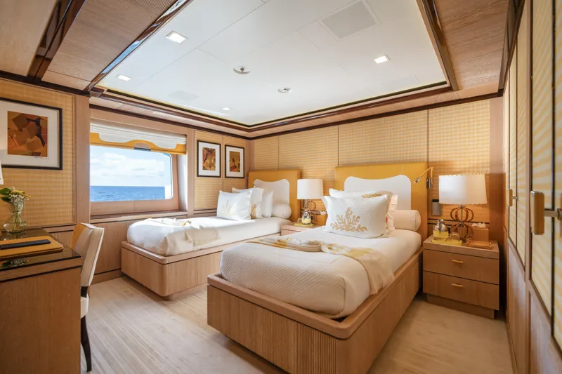 Axioma Yacht Photos Pics Luxurious 2013 Dunya Yacht cabin with twin beds, ocean view, elegant decor.