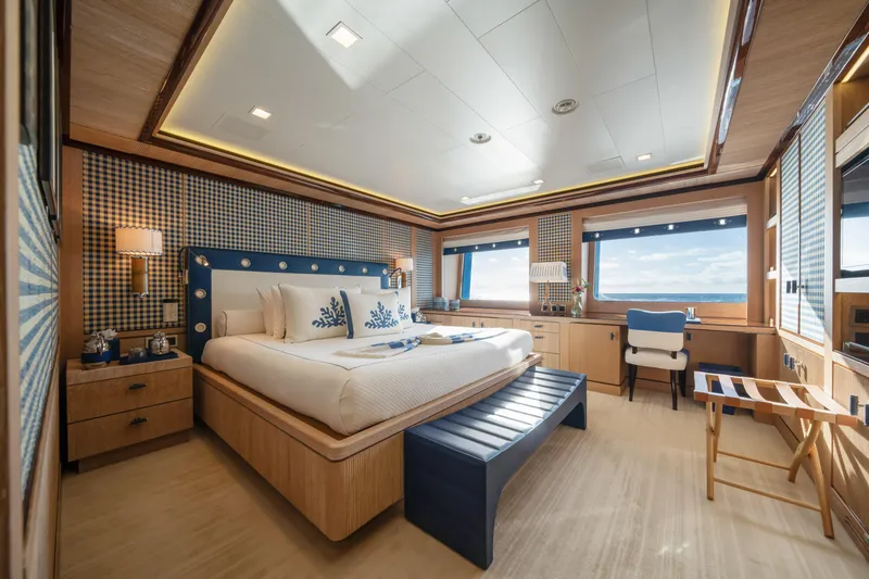 Axioma Yacht Photos Pics Luxurious 2013 Dunya Yacht bedroom with ocean view, elegant decor, and modern furnishings.