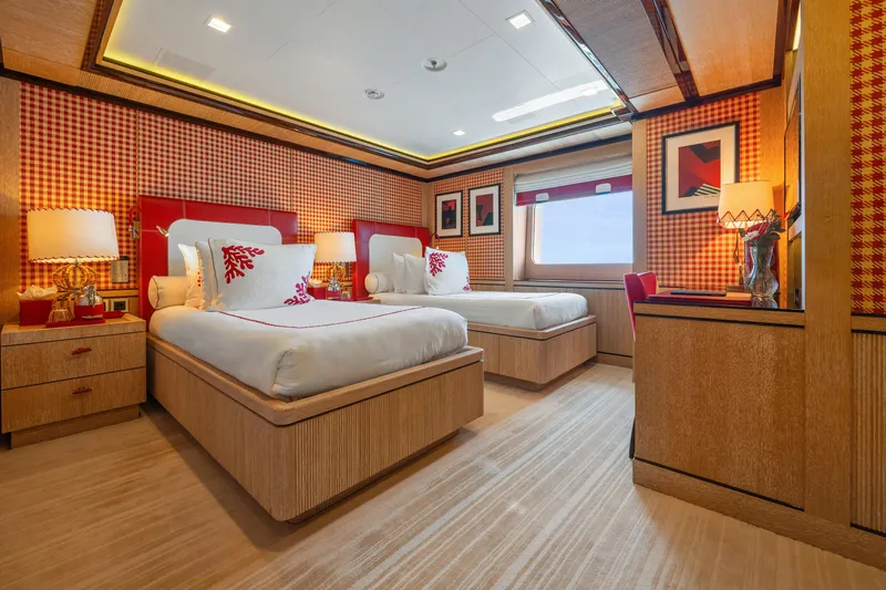 Axioma Yacht Photos Pics Luxurious 2013 Dunya Yacht bedroom with twin beds, elegant decor, and ocean view window.