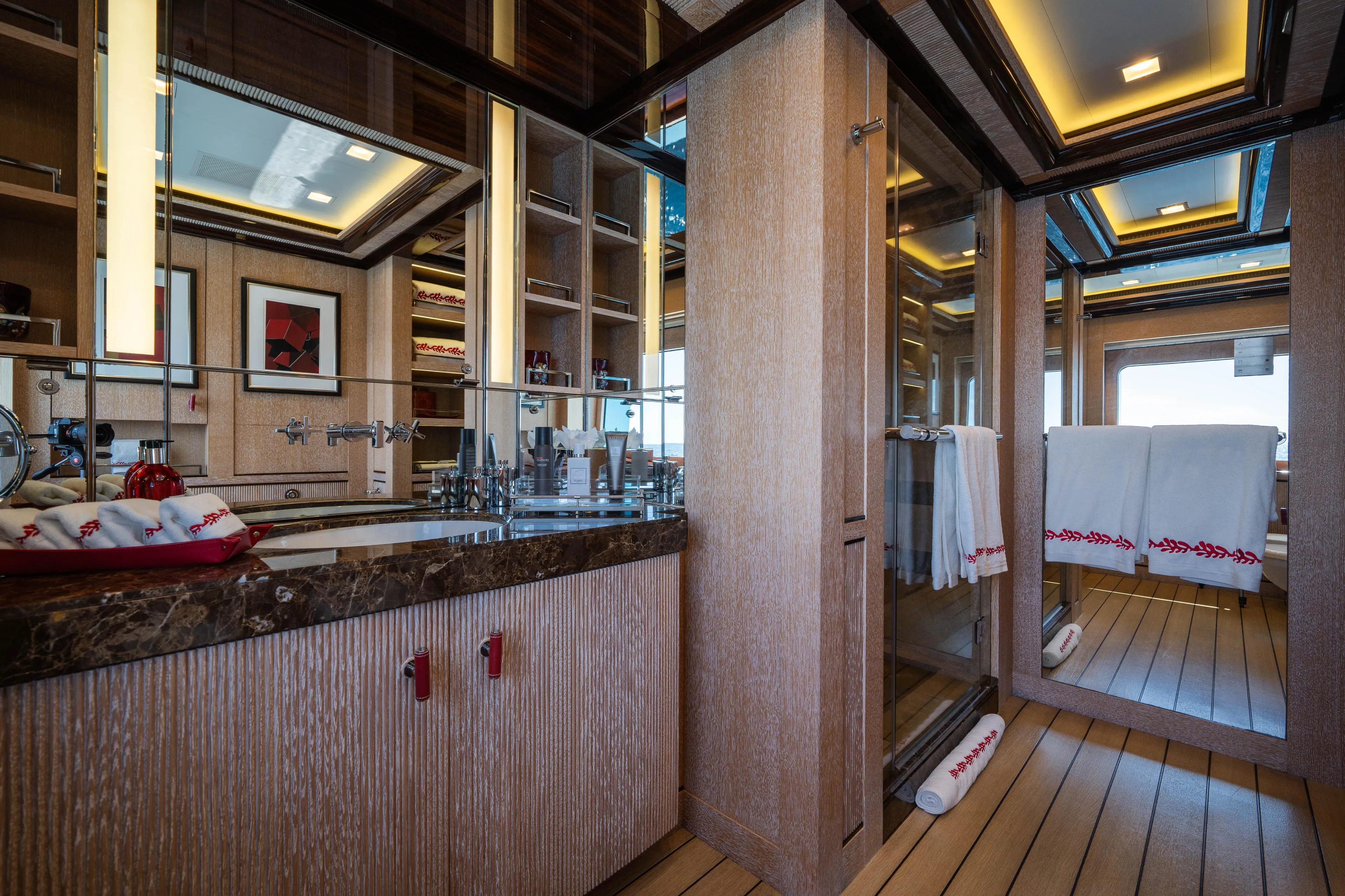 Axioma Yacht Photos Pics Luxurious 2013 Dunya Yacht bathroom with elegant wood finishes and modern amenities.