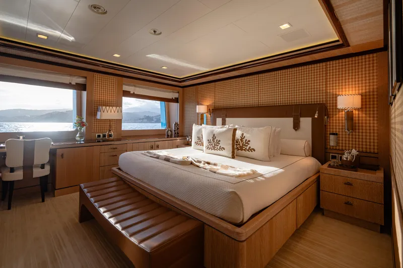 Axioma Yacht Photos Pics Luxurious bedroom interior on 2013 Dunya Yacht with ocean view and elegant decor.