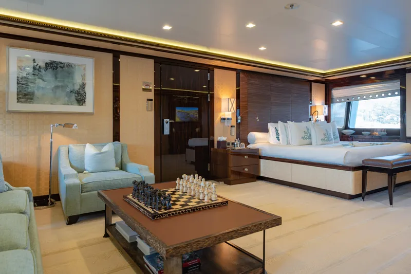 Axioma Yacht Photos Pics Luxurious 2013 Dunya Yacht interior with elegant bedroom, seating area, and chessboard.