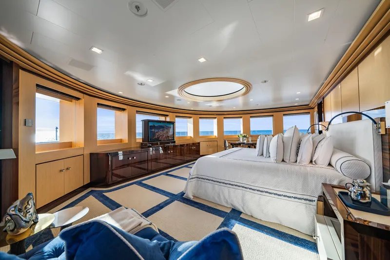Axioma Yacht Photos Pics Luxurious 2013 Dunya Yacht bedroom with ocean views, elegant decor, and modern amenities.