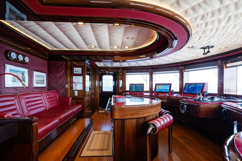 Axioma Yacht Photos Pics Luxurious 2013 Dunya Yacht interior with red leather seating and advanced navigation systems.