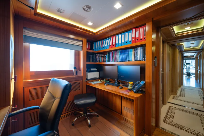 Axioma Yacht Photos Pics Luxurious office space on 2013 Dunya Yacht with dual monitors and elegant wood finish.