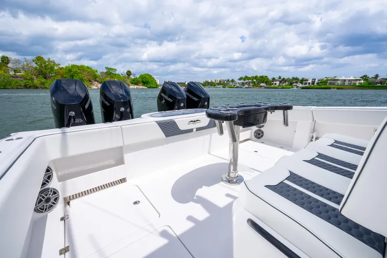 Kroppdustr Yacht Photos Pics 2023 Invincible 37 Catamaran with quad engines on a scenic waterway.