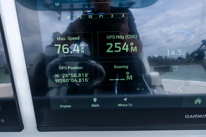 Kroppdustr Yacht Photos Pics Close-up of 2023 Invincible 37 Catamaran's Garmin display showing speed, GPS heading, and position.