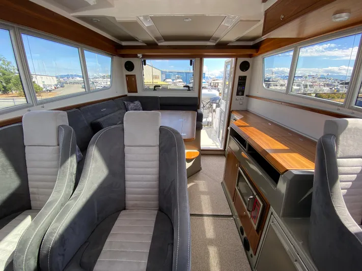 Ursa Yacht Photos Pics Interior of 2019 Sargo 36 Explorer boat with modern seating and panoramic windows.