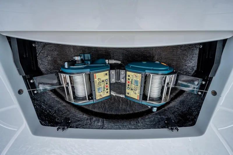 Kemosabe Yacht Photos Pics Dual winches on a 2022 Viking 68 Convertible yacht.