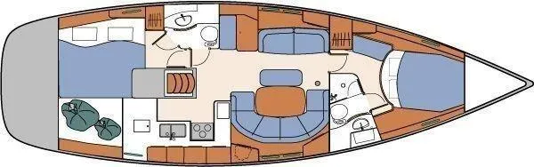 Yumi III Yacht Photos Pics Floor plan of a 2005 Beneteau 423 sailboat, featuring cabins, galley, and seating areas.
