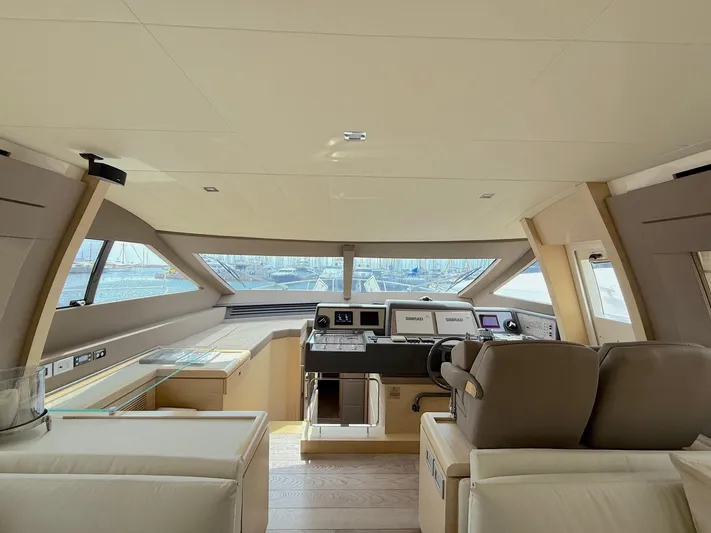  Yacht Photos Pics Luxurious interior of 2012 Ferretti Yachts 690 with modern helm and panoramic windows.