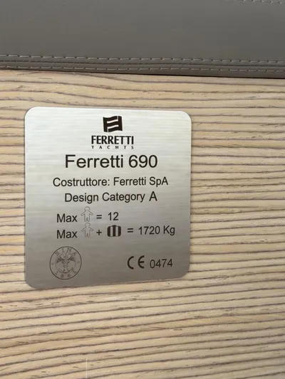  Yacht Photos Pics Plaque on 2012 Ferretti Yachts 690, design category A, max 12 people, 1720 kg.
