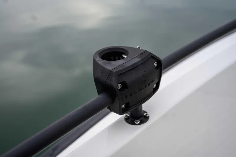  Yacht Photos Pics Close-up of a 2024 Targa 27.2 boat railing with mounted accessory.