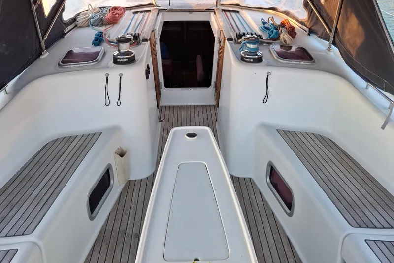  Yacht Photos Pics Cockpit of 2009 Beneteau Oceanis 54 sailboat with seating and winches.