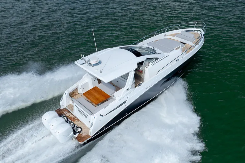  Yacht Photos Pics 2019 Azimut Verve 40 yacht cruising on open water, aerial view.
