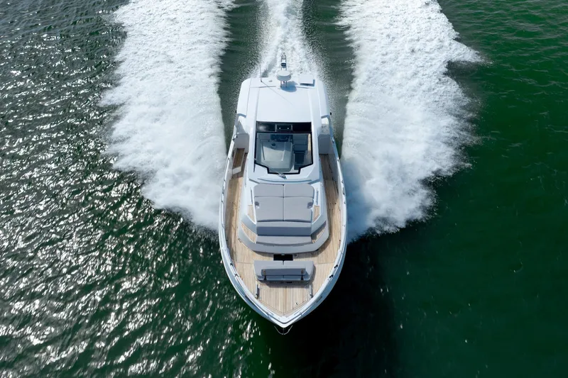  Yacht Photos Pics 2019 Azimut Verve 40 yacht cruising on open water, aerial view.