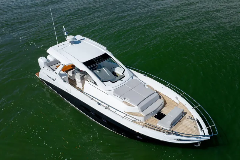  Yacht Photos Pics 2019 Azimut Verve 40 yacht on calm green water, showcasing sleek design and luxury features.