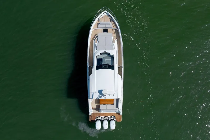  Yacht Photos Pics Aerial view of 2019 Azimut Verve 40 yacht cruising on green water.