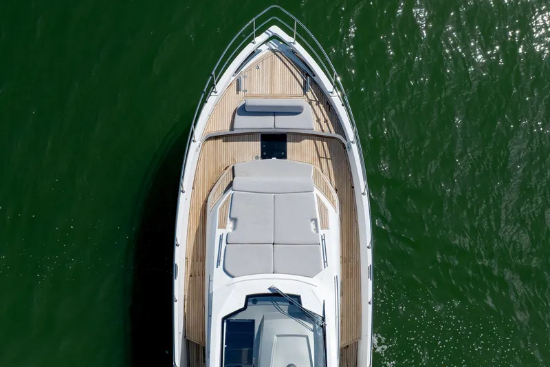  Yacht Photos Pics Aerial view of 2019 Azimut Verve 40 yacht on green water.
