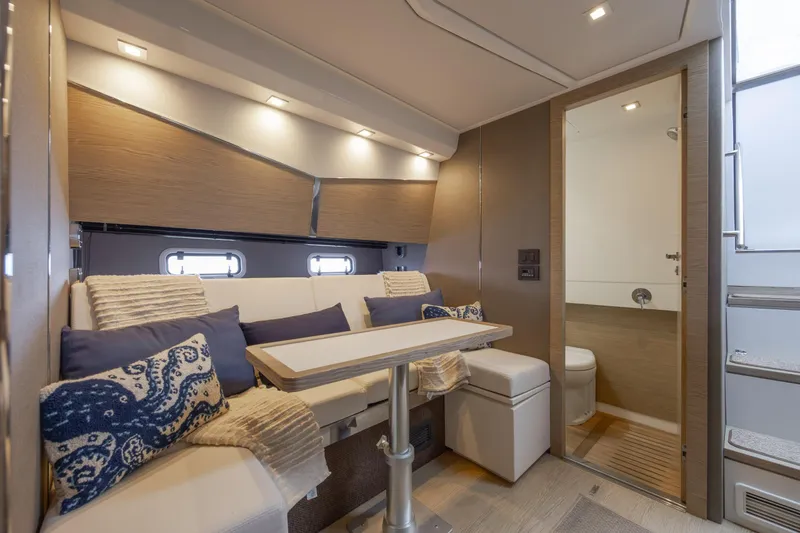  Yacht Photos Pics Luxurious interior of 2019 Azimut Verve 40 yacht with elegant seating and modern decor.