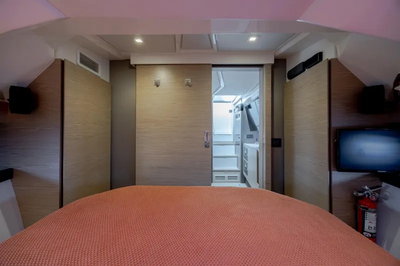  Yacht Photos Pics 2019 Azimut Verve 40 yacht interior with modern bedroom and ensuite bathroom.