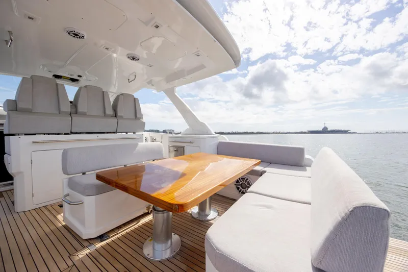  Yacht Photos Pics Luxurious 2019 Azimut Verve 40 yacht deck with seating and ocean view.