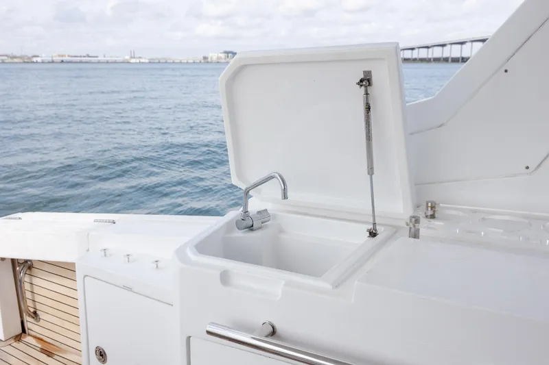  Yacht Photos Pics 2019 Azimut Verve 40 yacht sink with ocean view in background.