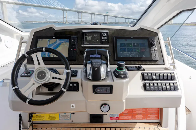  Yacht Photos Pics Helm of 2019 Azimut Verve 40 yacht with advanced navigation controls and displays.