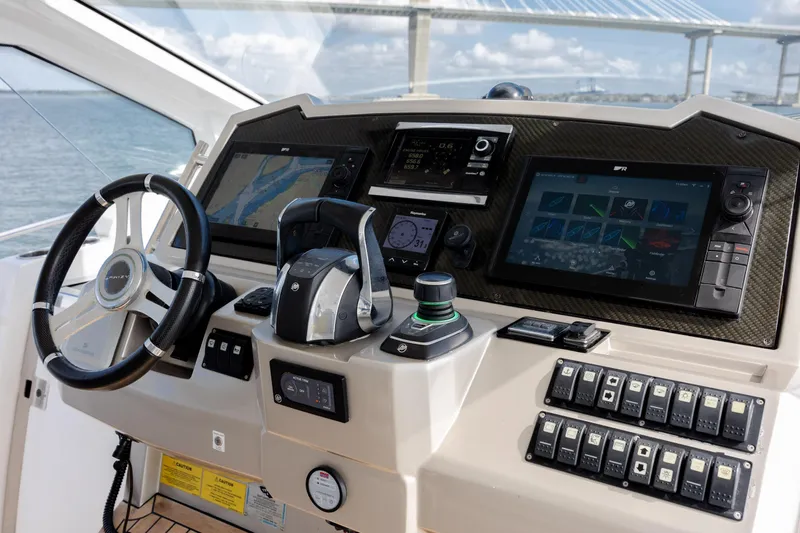  Yacht Photos Pics Cockpit of 2019 Azimut Verve 40 yacht with advanced navigation controls and displays.