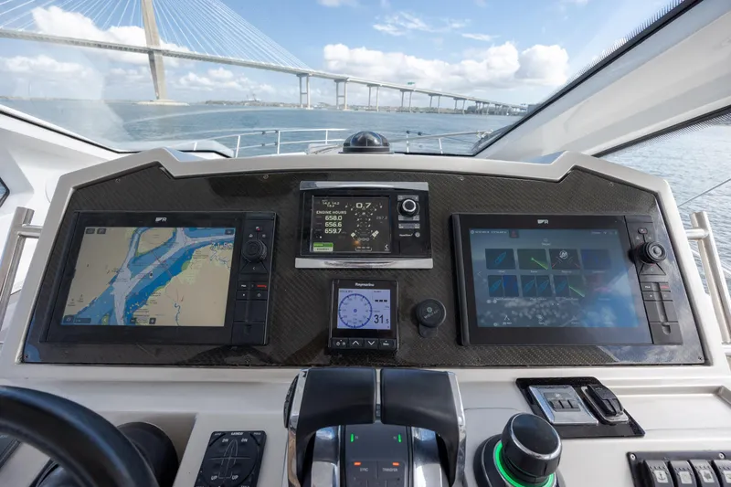  Yacht Photos Pics Cockpit of 2019 Azimut Verve 40 yacht with navigation screens and bridge view.