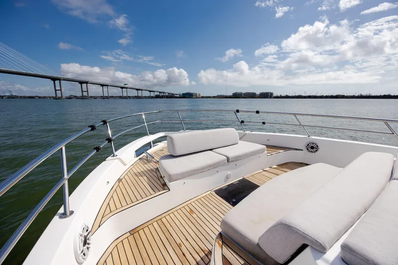  Yacht Photos Pics 2019 Azimut Verve 40 yacht deck with scenic water and bridge view.