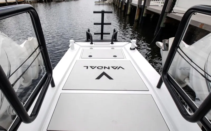  Yacht Photos Pics 2023 Custom Vandal Explorer 46 boat deck with sleek design and waterfront view.
