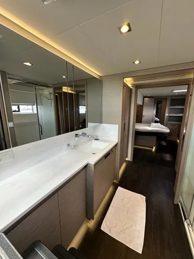  Yacht Photos Pics Luxurious bathroom interior of 2020 Fountaine Pajot Samana 59 yacht with modern design.