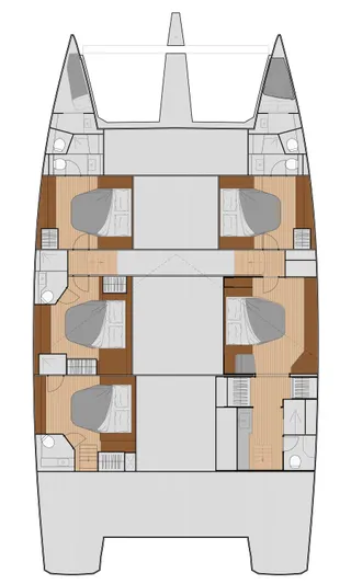  Yacht Photos Pics Floor plan of 2020 Fountaine Pajot Samana 59 catamaran, showcasing cabin layout and interior design.