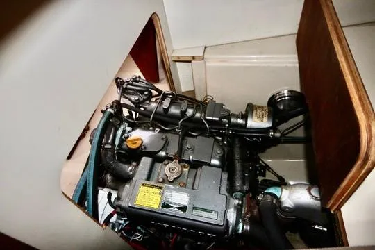 Solasta Yacht Photos Pics Engine compartment of a 1997 Island Packet 350 sailboat, showcasing mechanical components.