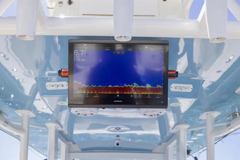  Yacht Photos Pics Garmin display on 2023 Invincible 37 Catamaran, showcasing marine navigation technology.