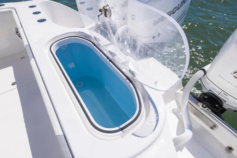  Yacht Photos Pics Livewell on 2023 Invincible 37 Catamaran, featuring a clear lid and blue interior.
