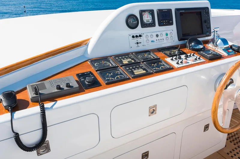 Claudia Berruto Yacht Photos Pics Control panel of 2001 Baglietto M/Y 32 D yacht with navigation instruments.