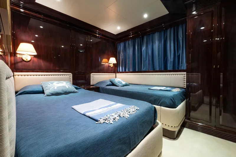 Claudia Berruto Yacht Photos Pics Luxurious twin cabin interior on Baglietto M/Y 32 D yacht, 2001 model.