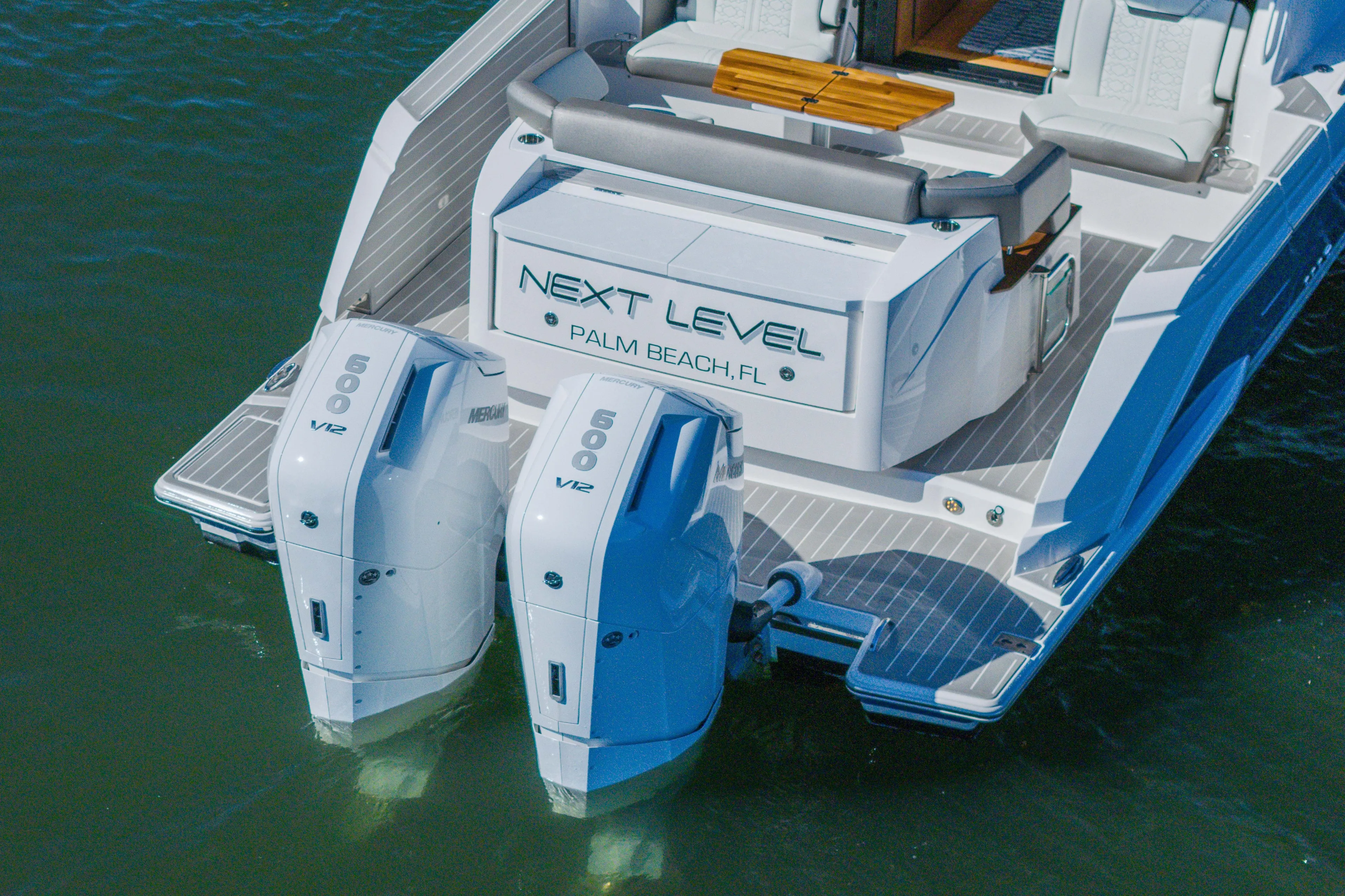 Next Level Yacht Photos Pics 2025 Tiara Yachts 43 LE with dual Mercury 600 V12 engines, docked in Palm Beach.