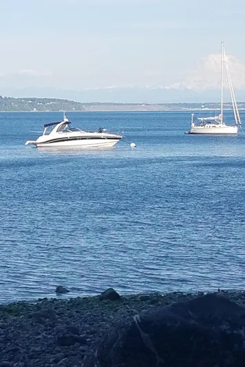  Yacht Photos Pics 2006 Four Winns 350 boat on calm blue waters with distant sailboat.