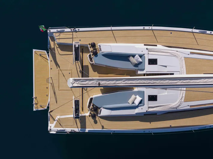  Yacht Photos Pics Aerial view of 2026 Grand Soleil 52 Performance yacht with sleek deck design.