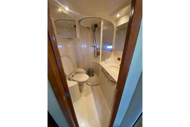Oceanmax Yacht Photos Pics Compact bathroom in 2000 Sea Ray 450 Express Bridge yacht, featuring shower, toilet, and sink.