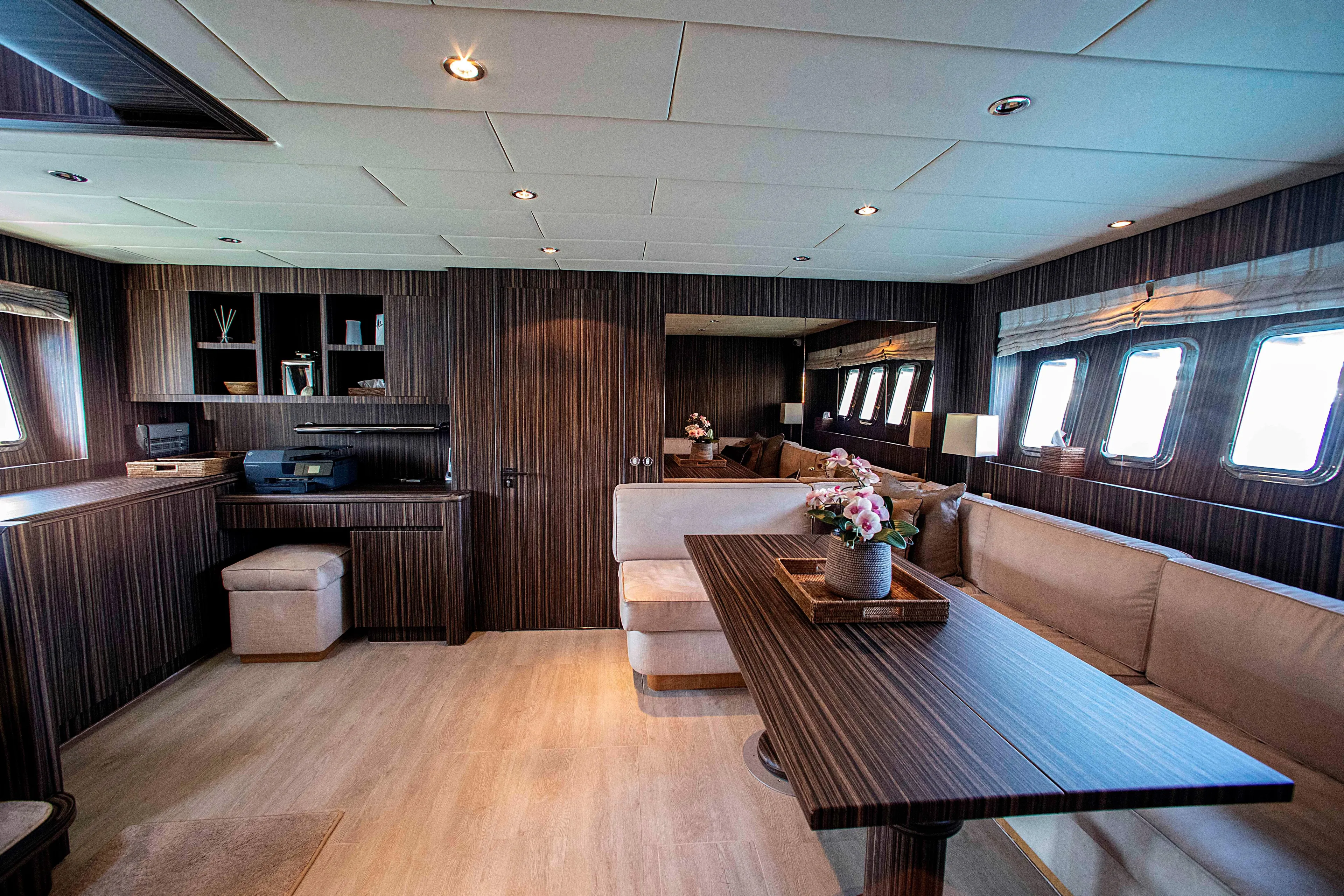  Yacht Photos Pics Luxurious interior of 2006 Arno Leopard 24 yacht with elegant wood finishes and modern decor.
