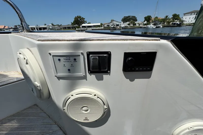  Yacht Photos Pics Control panel and speakers on a 2018 Beneteau Gran Turismo 46 yacht deck.