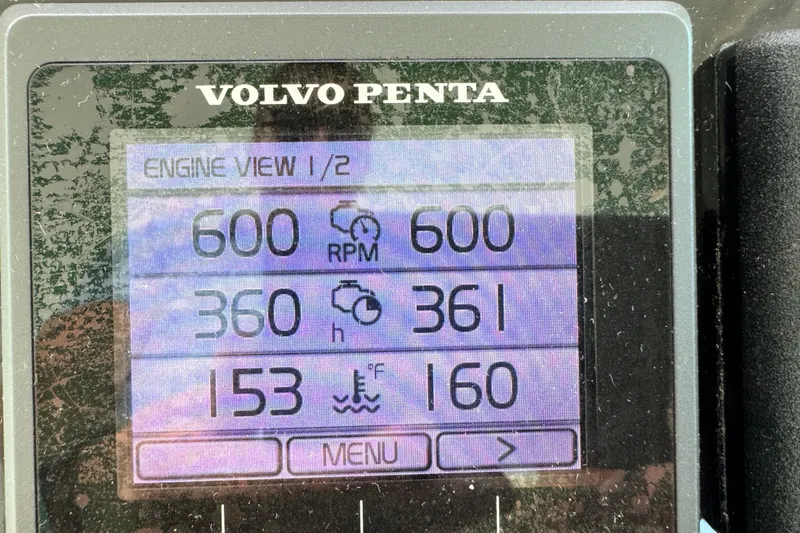  Yacht Photos Pics Volvo Penta engine display on 2018 Beneteau Gran Turismo 46, showing RPM and temperature.